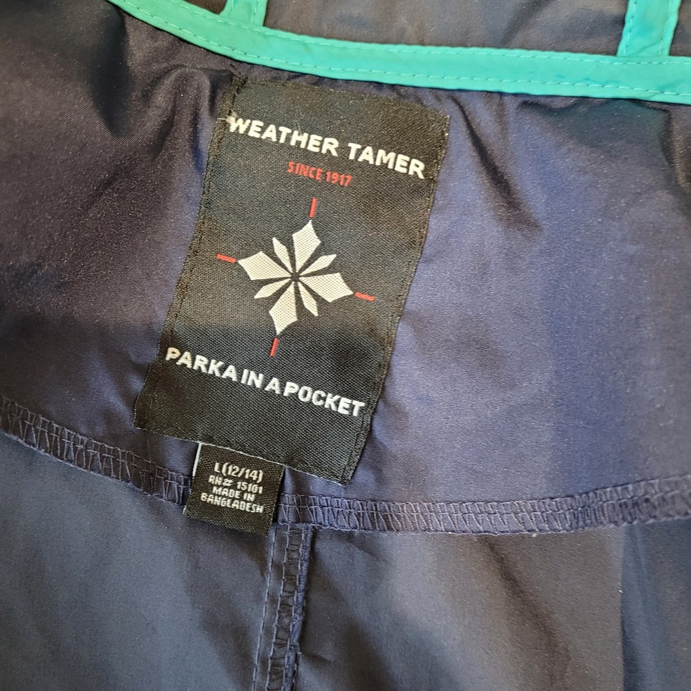 Weather Tamer Womens SZ Lg 12-14 Parka in a‎ pocket Wind breaker w/hood blue EUC - Picture 4 of 10